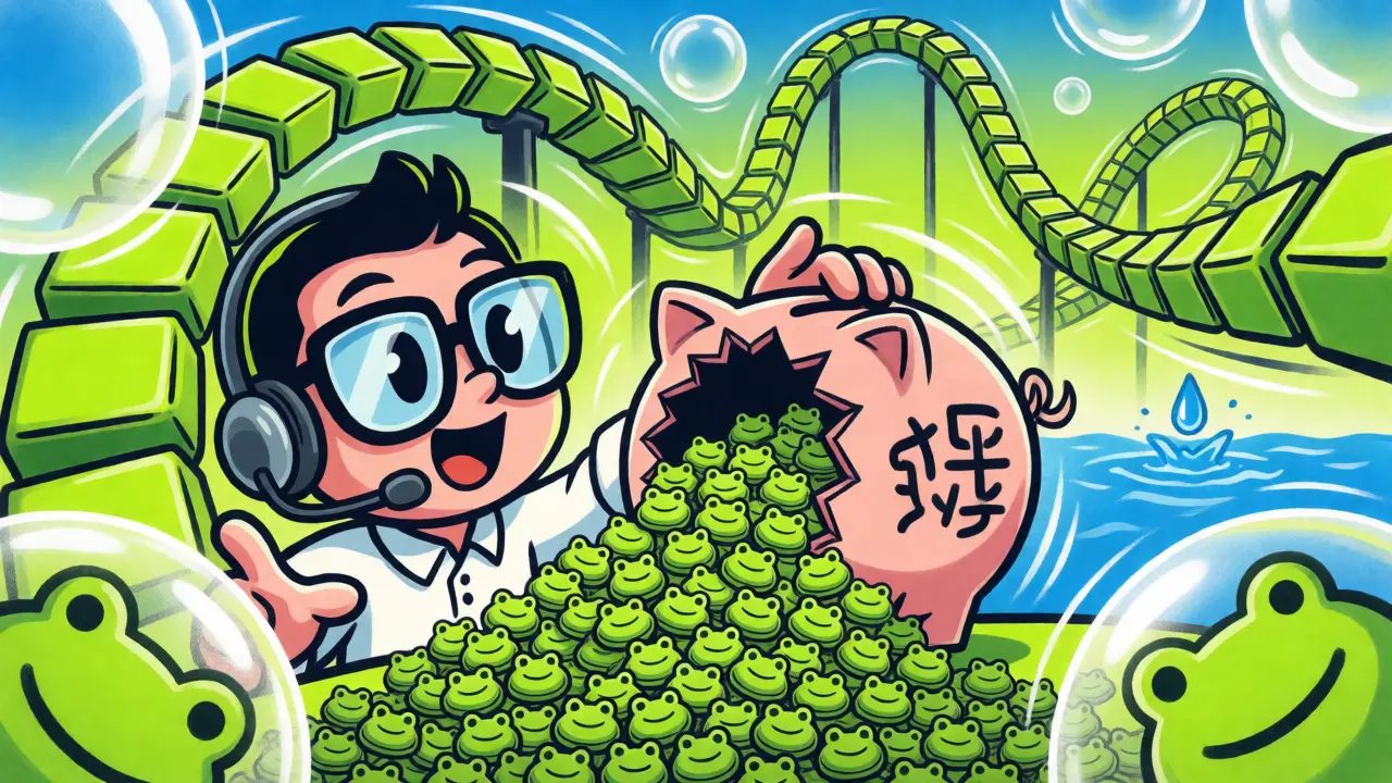Chaotic cartoon scene with frog tokens and volatile price rollercoaster