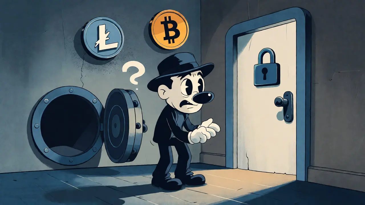 Confused trader facing locked doors and empty vaults illustrating Tux Exchange's limitations