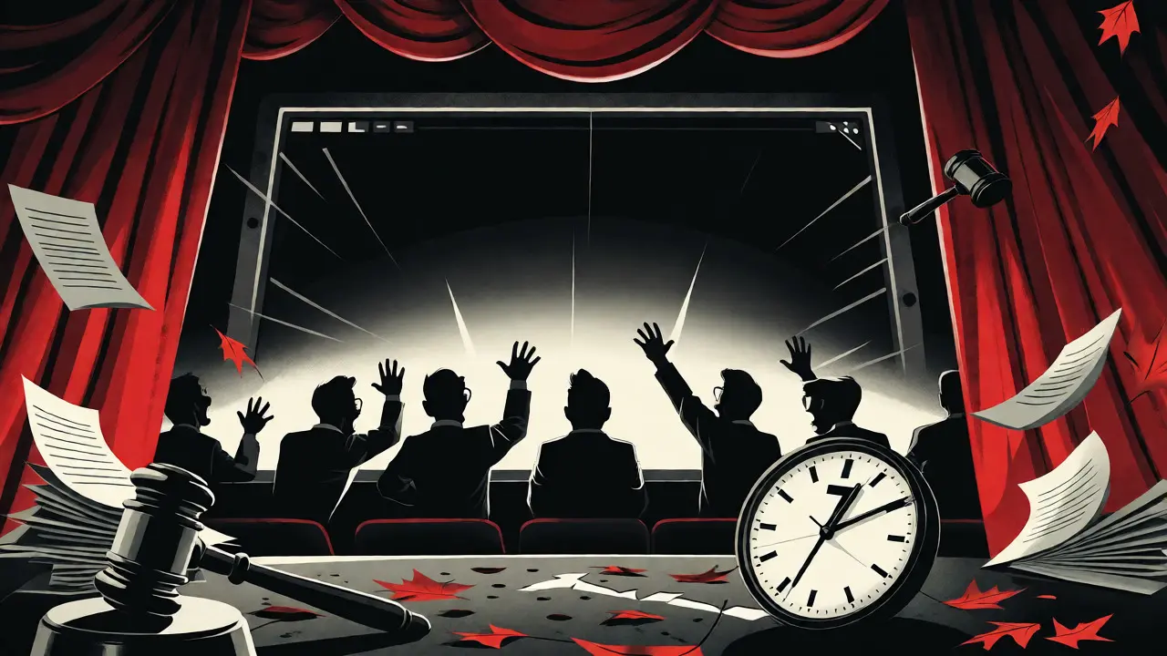 Dramatic curtain fall on trading screen with stopped clock marking Tux Exchange's shutdown