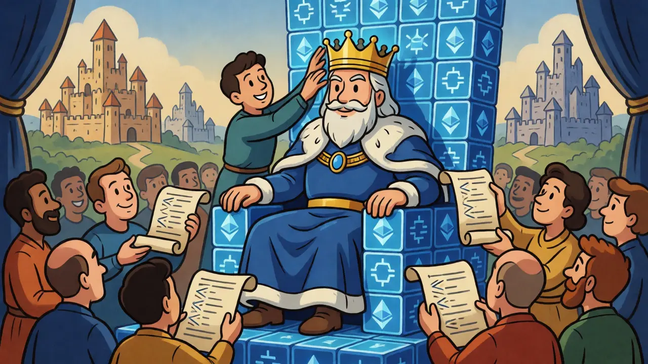 Ethereum depicted as a king on a cube throne receiving code scrolls