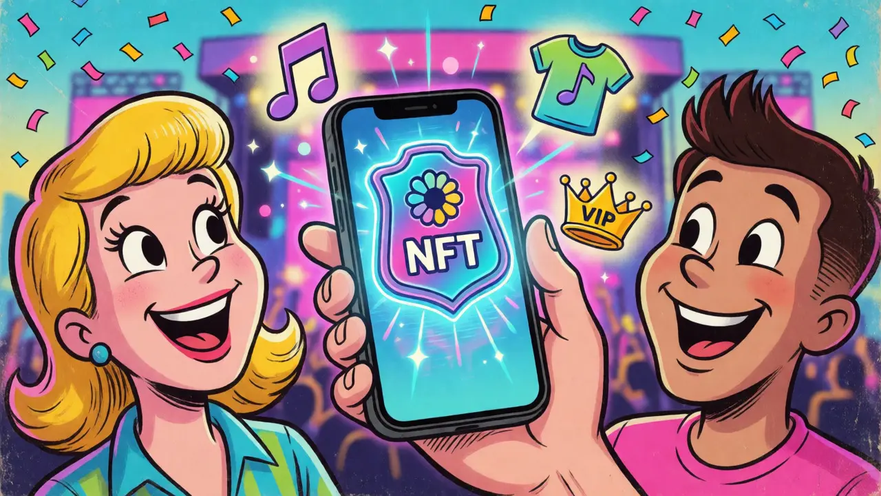 Fan holding phone with holographic NFT ticket unlocking festival perks