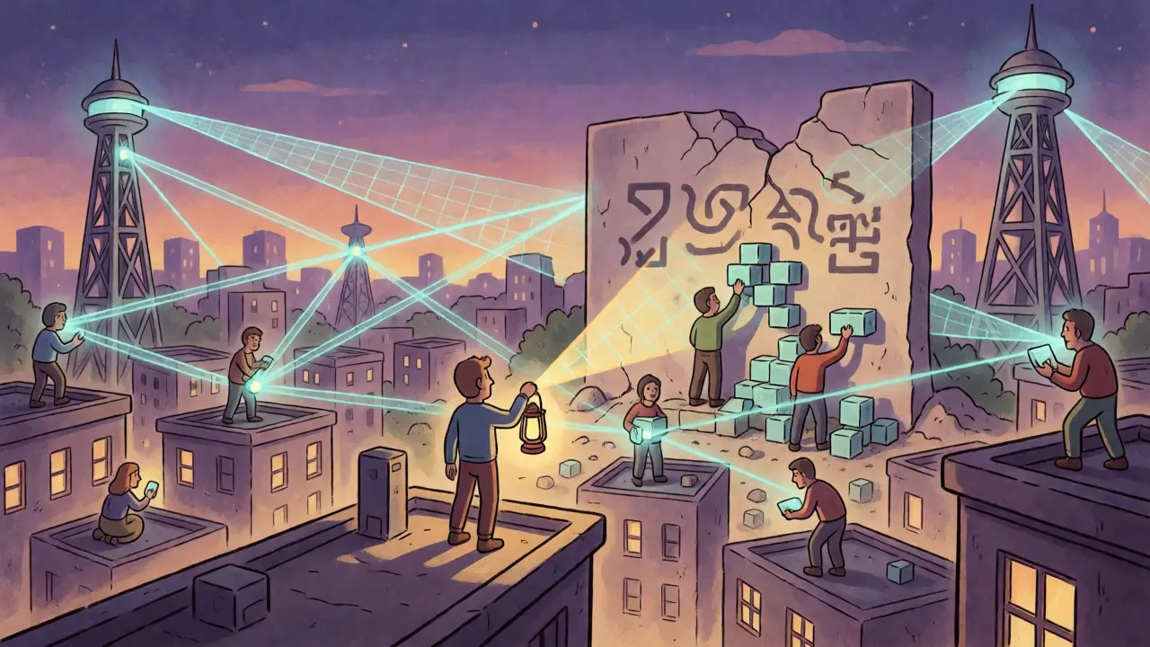 Figure on rooftop projecting light beams connecting city towers in mesh network