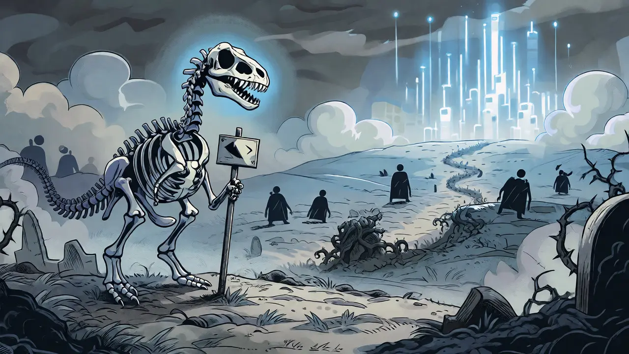 Ghostly dinosaur skeleton in a foggy digital wasteland