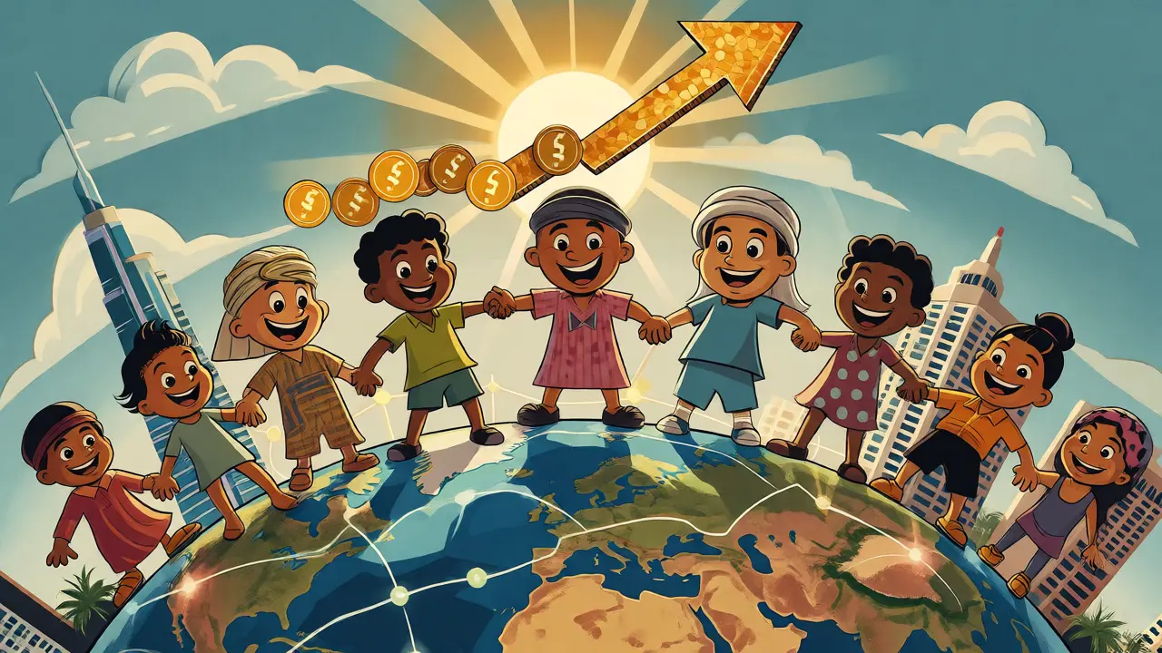 Global characters connected to buildings on a globe with growth arrows
