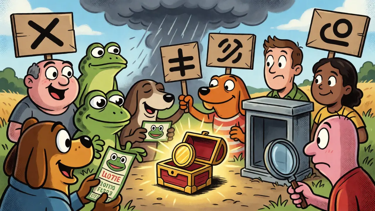 Group of cartoon characters gathered around a small treasure chest