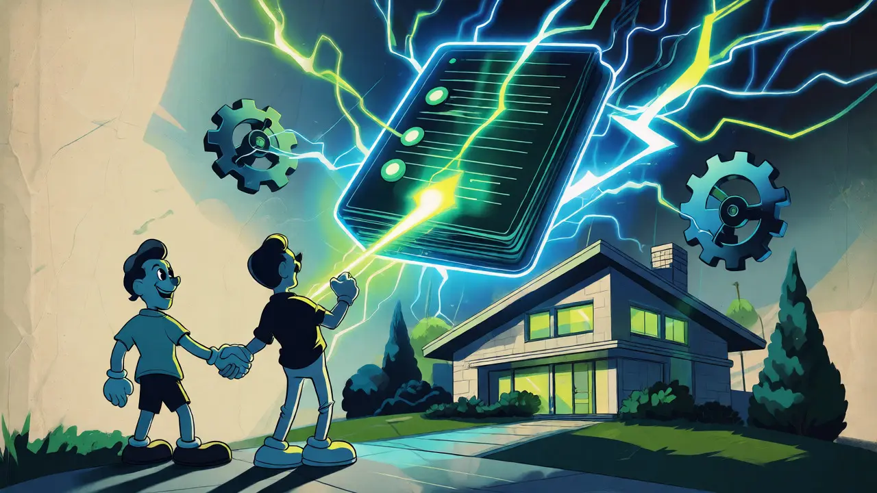 Happy people shaking hands with glowing digital ledger and robots in retro cartoon art