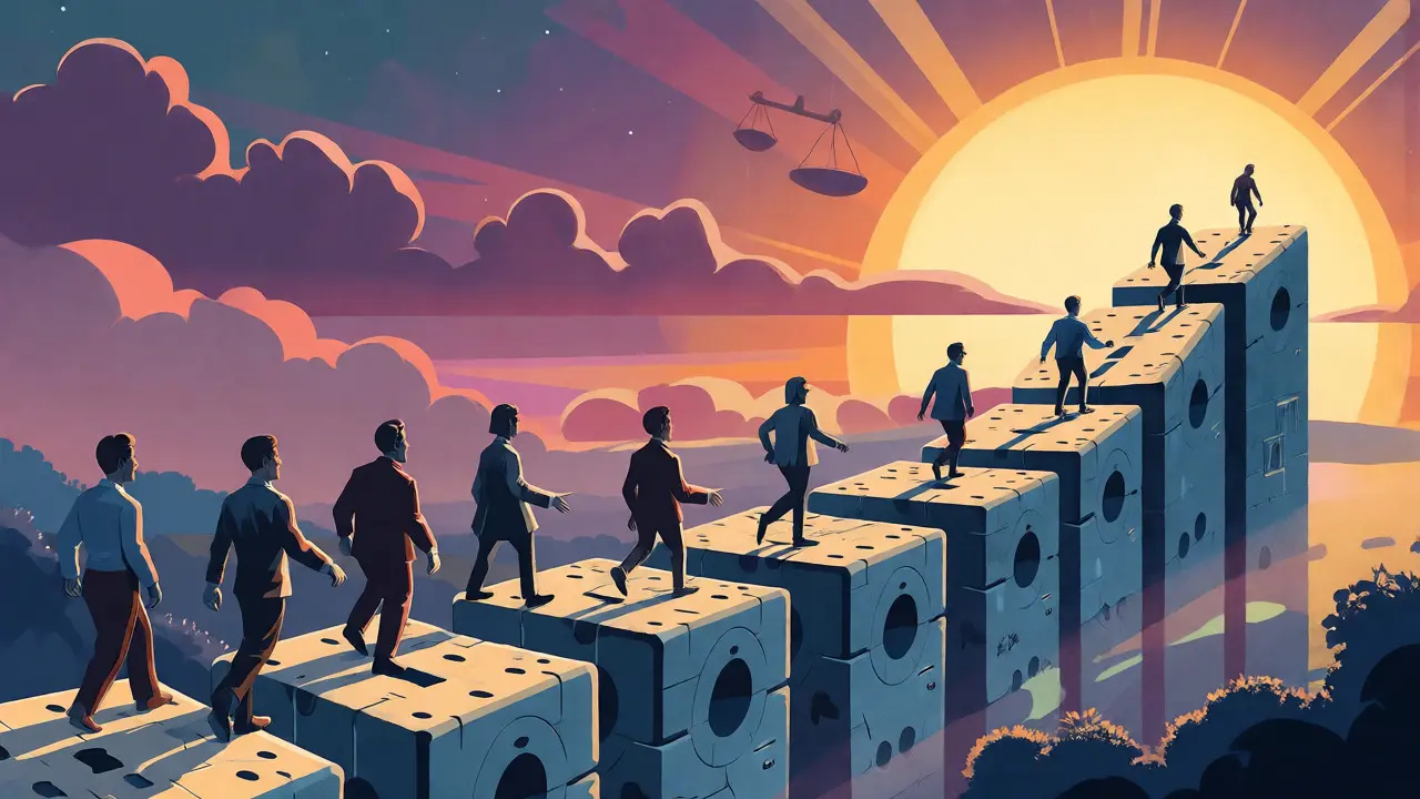 Illustration of a road made of blocks leading toward a rising sun horizon.