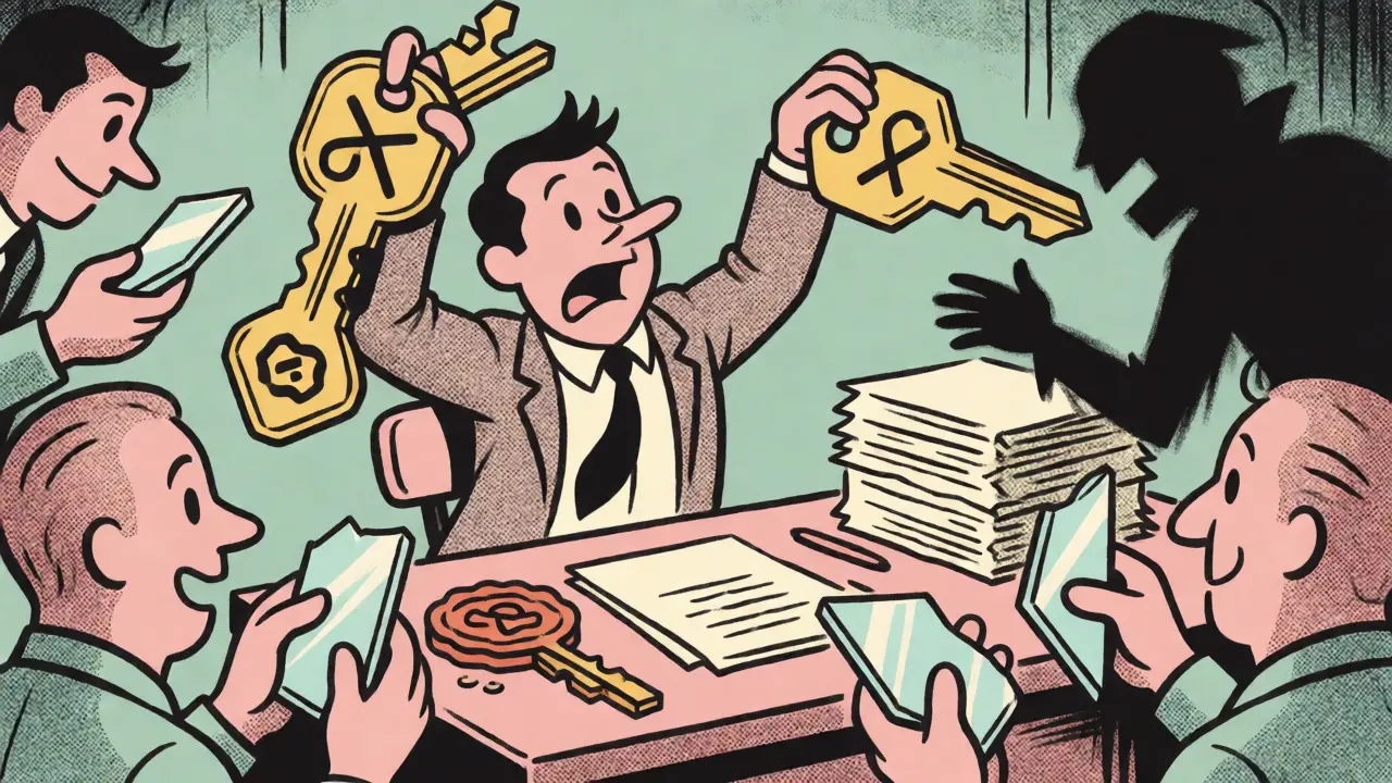 Illustration of a stressed custodian managing keys and security risks