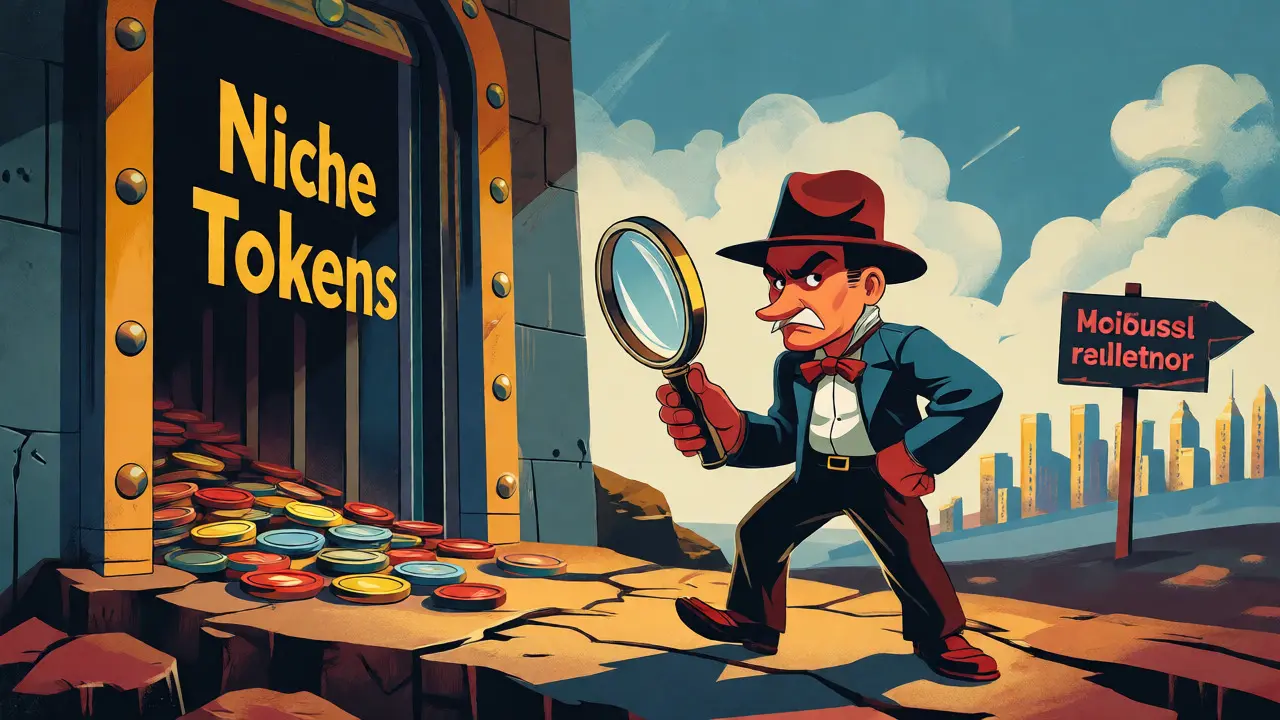 Illustration of an altcoin hunter inspecting niche tokens on an unstable platform.