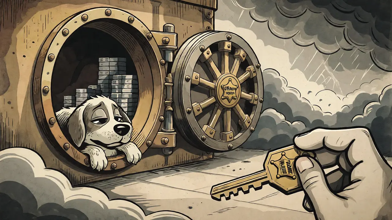 Illustration of an unlocked vault guarded by a sleepy dog