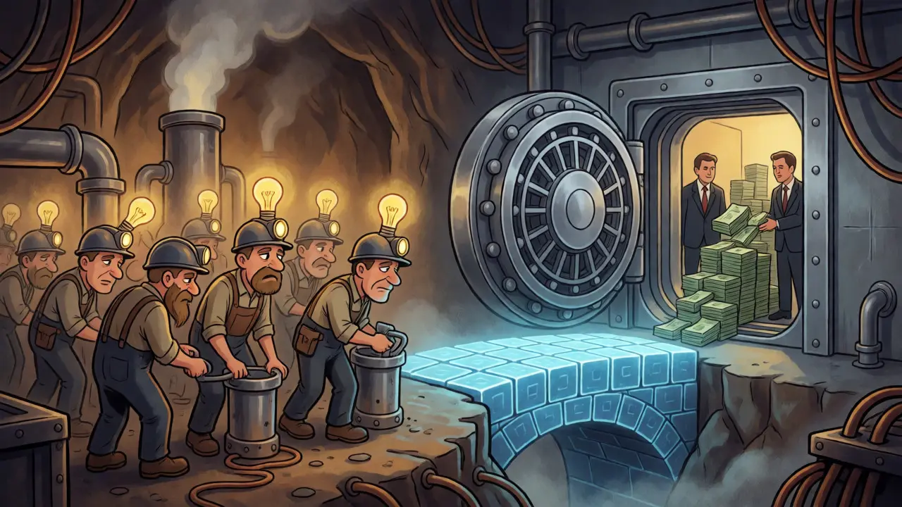 Miners shutting down machines while institutions buy Bitcoin via ETFs in a vintage style.