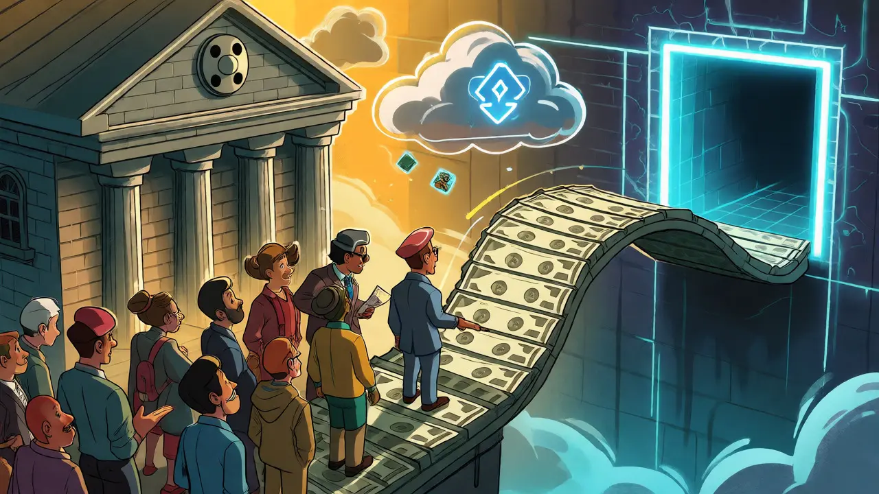 Narrow fiat bridge leading to a blockchain portal contrasted with direct wallet access.