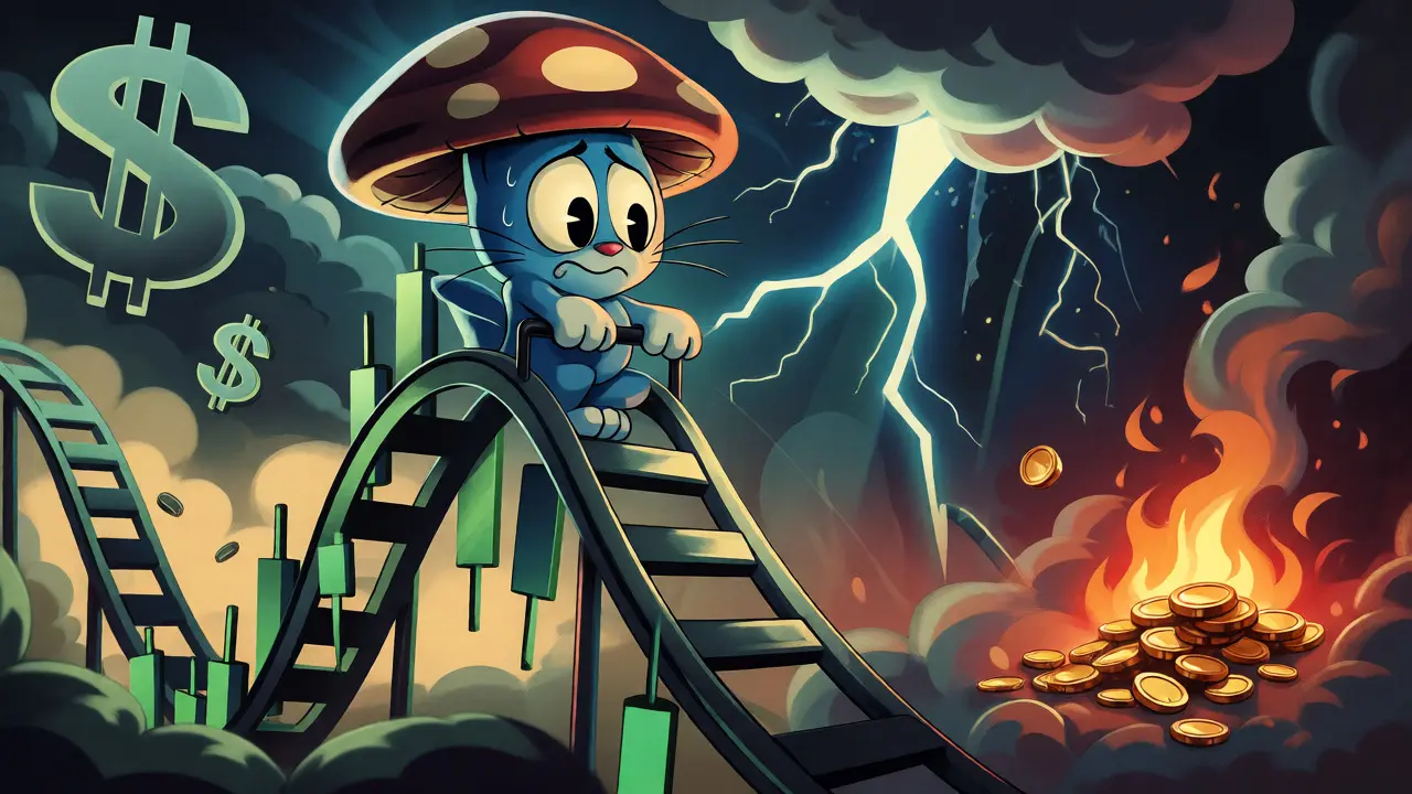 Nervous cartoon mushroom-cat riding a volatile stock market rollercoaster amidst stormy charts.