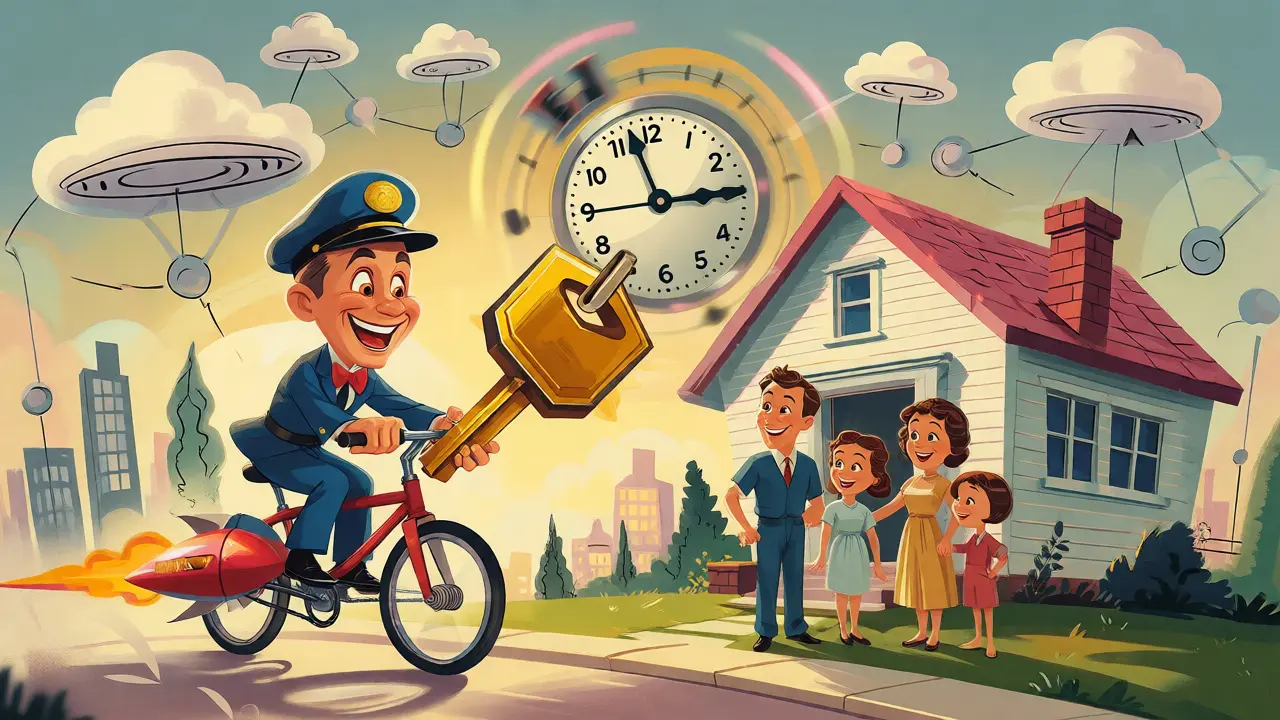 Postman on rocket bike delivering key to family with spinning clock in vintage illustration