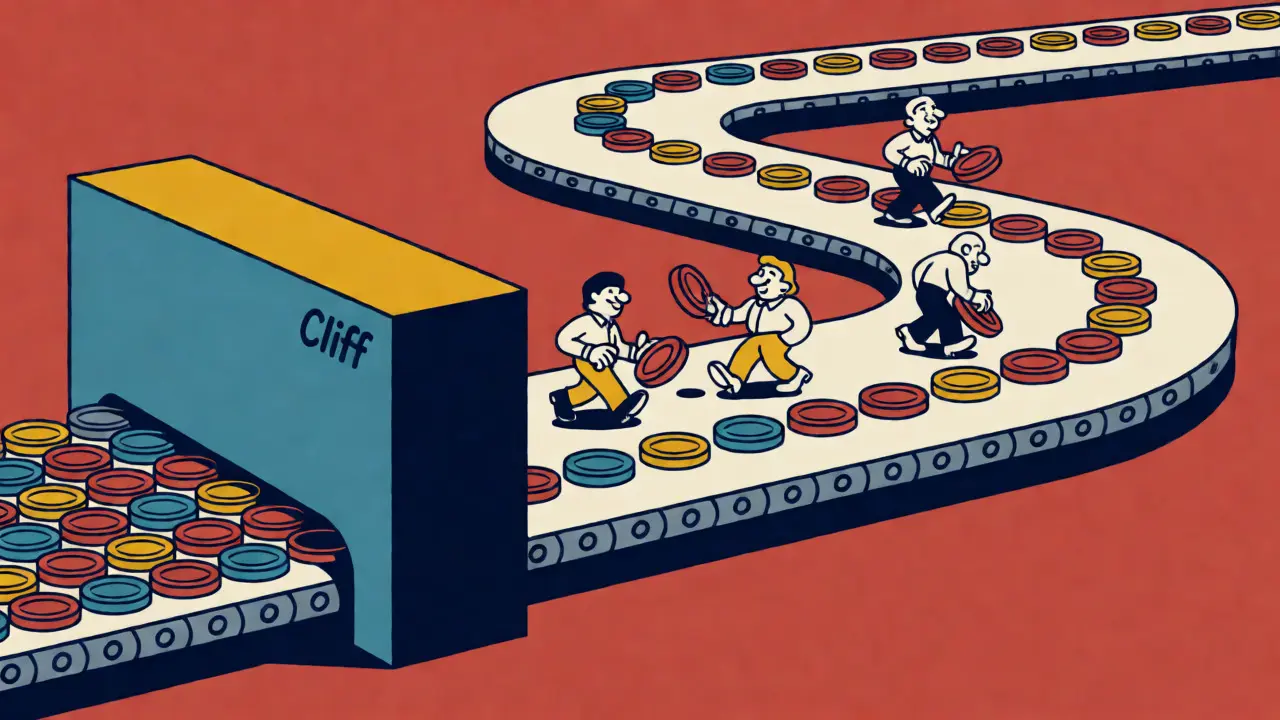 Retro illustration of a token schedule timeline with a cliff barrier and linear releases.