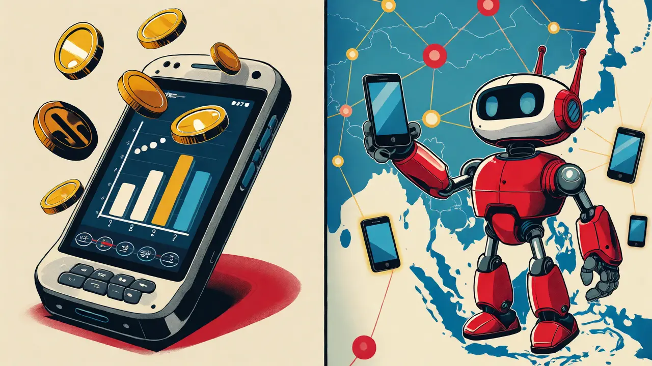 Smartphone converting unused data to tokens within a global network, vintage cartoon art.