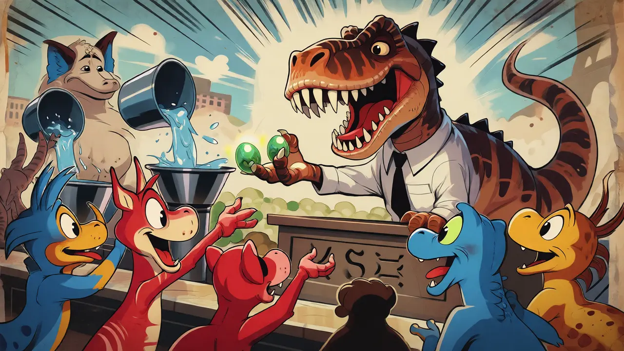T-Rex banker distributing tokens to animal investors