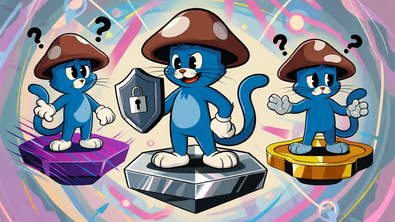 Three cartoon mushroom-cats on different blockchain platforms showing Ethereum stability vs others.