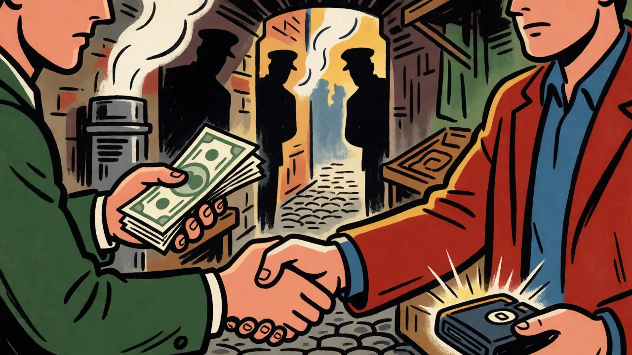 Two people exchanging cash for hardware wallet in shadowy underground alleyway