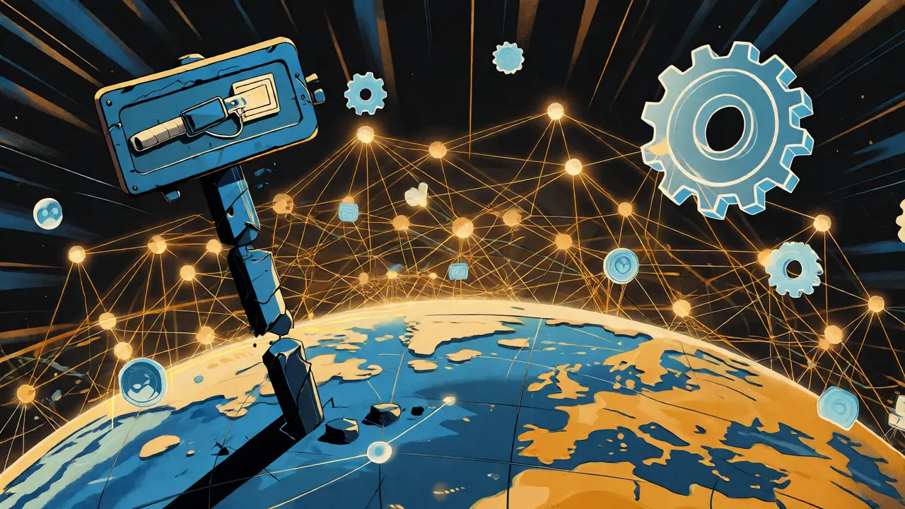 User connecting to a decentralized global network of nodes, bypassing borders.