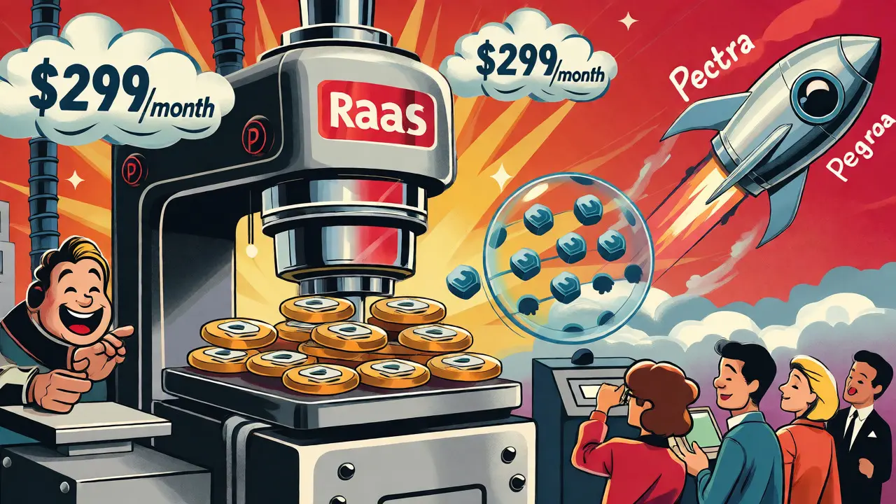 Vintage cartoon illustration of Rollup-as-a-Service machines deploying blockchains.