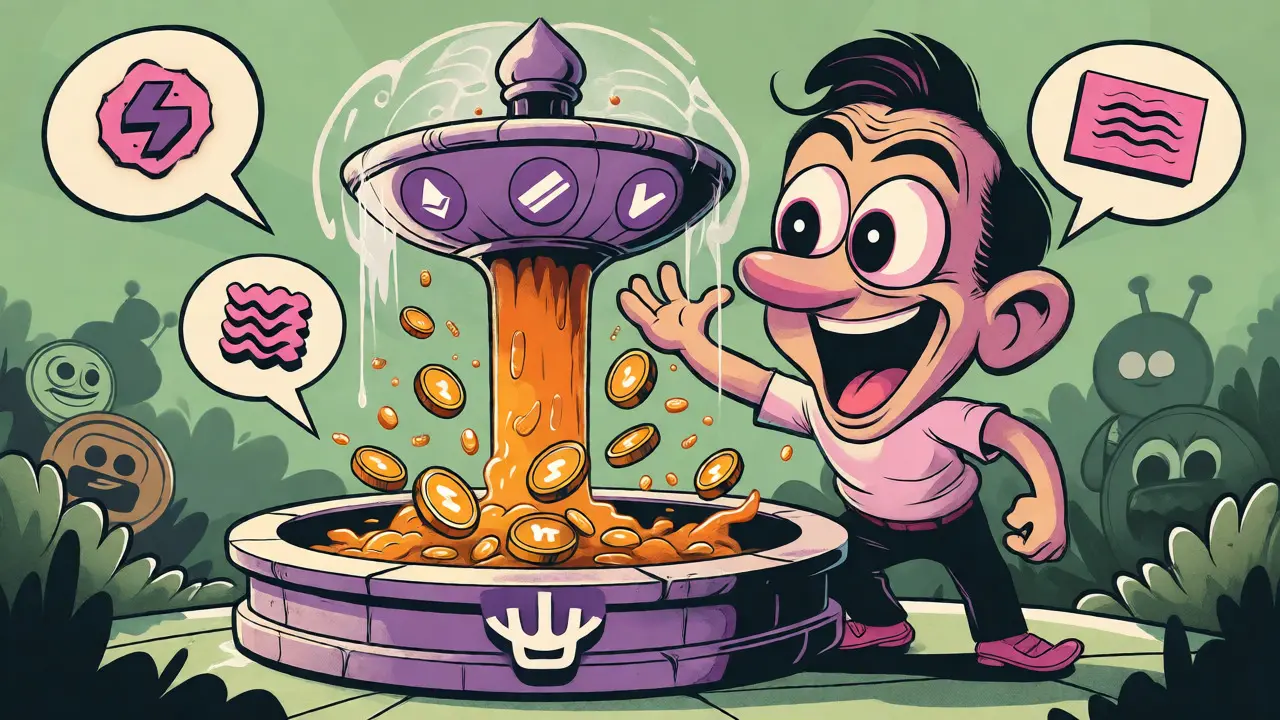 Vintage cartoon investor watching gold coins flow into Uniswap fountain