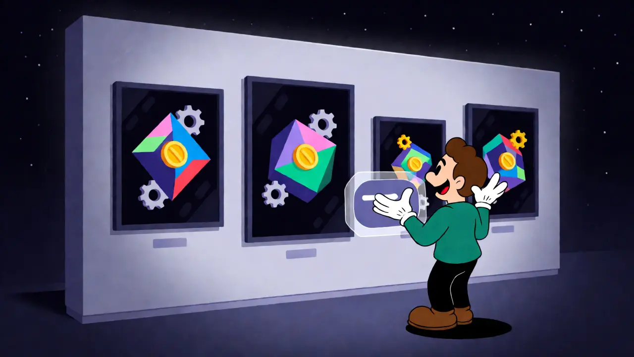 Vintage cartoon user browsing exclusive NFTs on Sonic blockchain