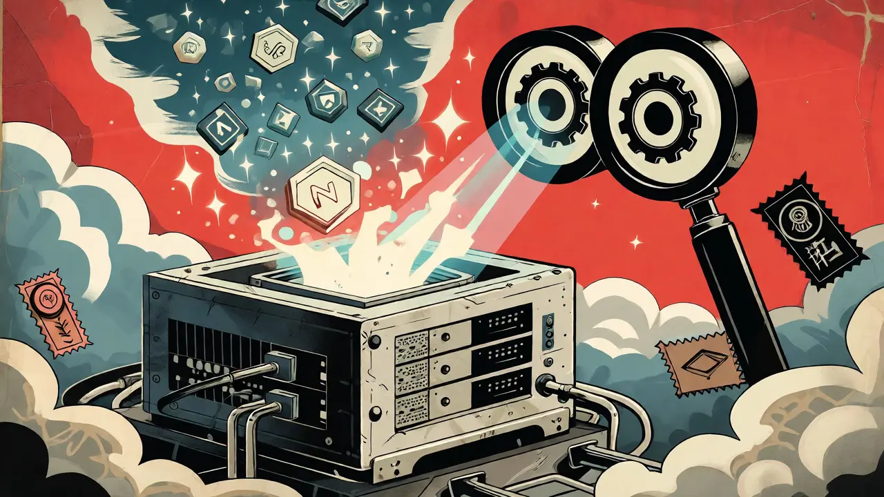 Vintage illustration of a server farm transforming into digital tokens via a scanning beam.