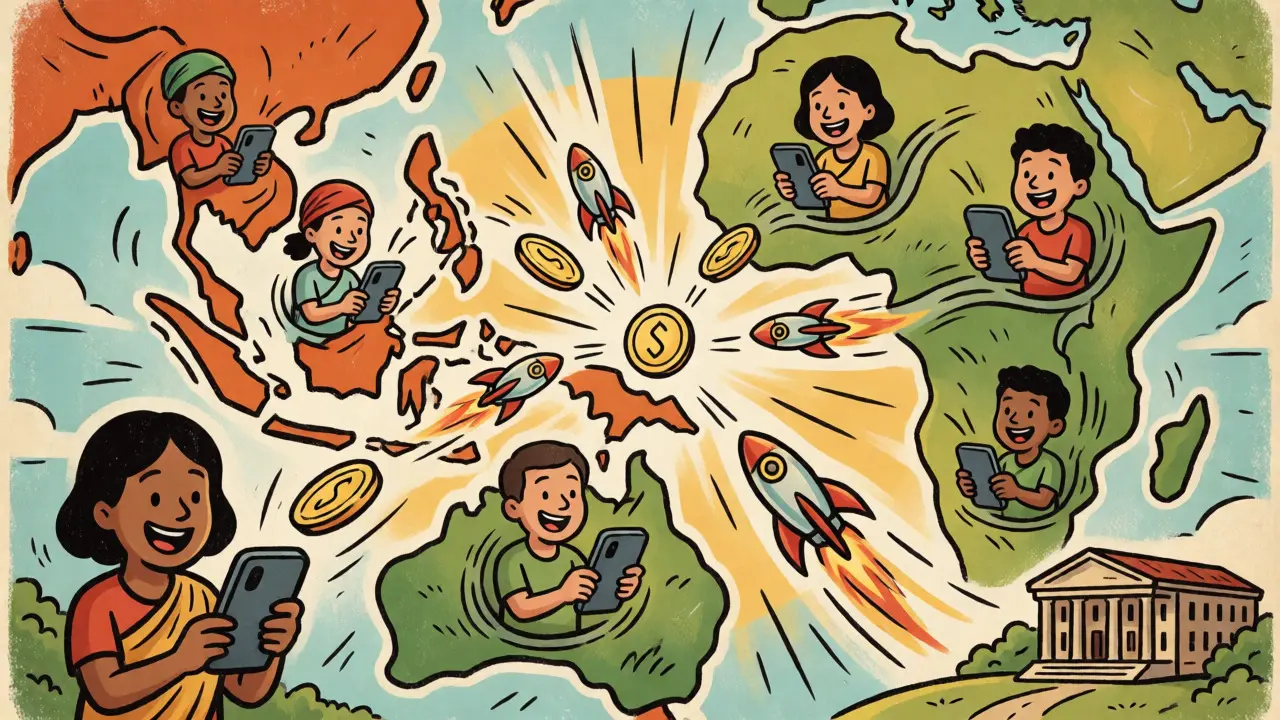 Vintage illustration of emerging market users sending cheap crypto transactions