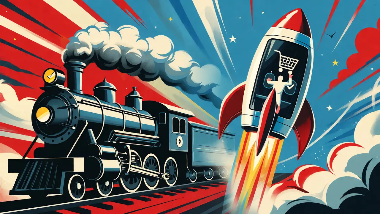 Cartoon comparing slow traditional banking train to fast BaaS rocket launch