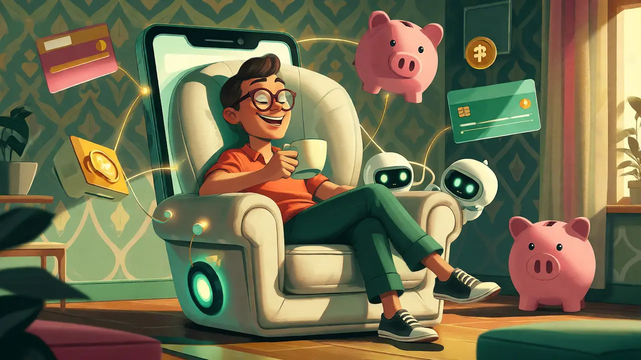Illustration of customer relaxing in app ecosystem surrounded by financial services